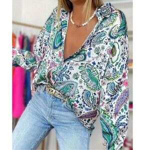 Plus Boho Paisley Print Button Down loose Fit Boyfriend Shirt 1X 2X 3X 4X 5X